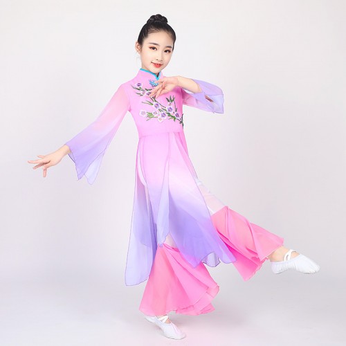 Girls kids chinese classical folk dance dress pink purple gradient color fairy hanfu dress for girl chiffon yangko Umbrella Dance Performance Costume